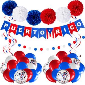 RoundFunny Puerto Rico Party Decorations Puerto Rican Decor Supplies Kit White Blue Red Flag Decorations Banner Paper Pompoms Confetti Balloons Dots Streamer for Party Supply
