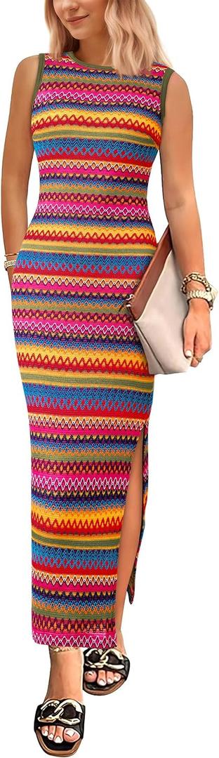 PRETTYGARDEN Womens Maxi Tank Spring Dress Sleeveless Crew Neck Striped Side Slit Casual Long Bodycon Dresses (L)