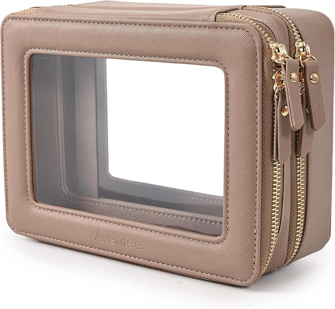Aveniee Large Clear Makeup Bags, Double Layer Cosmetic Bags with Separate Brush Compartment, Travel Toiletry Bag Train Case, Travel Accessories Organizer for Women,2 Layers, Brown