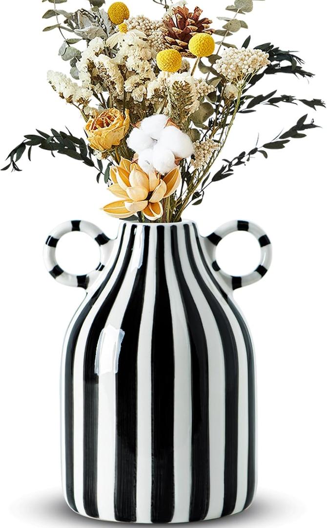 Black and White Ceramic Vase, Mid Century Modern Striped Small Vases for Flower&Pampas Grass Centerpiece, Black White Checkered Vase for Dining Table Kitchen Tabletop Minimalist Decorative