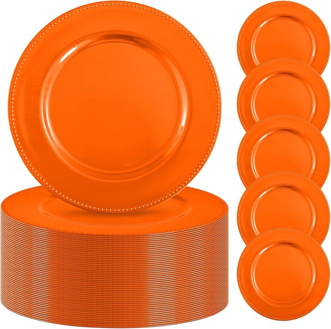 50 Pcs Orange Charger Plates Bulk,13 inch Round Beaded Plate Chargers for Dinner Plates, Decorative Dinner Chargers Plastic Table Chargers for Wedding Holiday Party Event Decoration