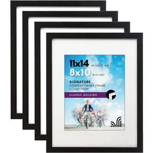 Americanflat 11x14 Picture Frame with Shatter-Resistant Glass - Set of 4 - Use as 8x10 Frame with Mat or Display 11x14 Photo Without Mat - Signature Collection - Picture Frames for Wall - Black