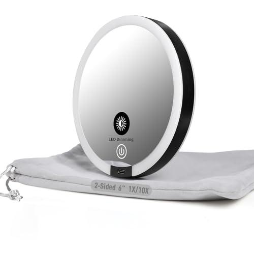 saiggnyy 6" Double-Sided 1X/10X Magnifying Mirror,LED Vanity Mirror Large Lighted Makeup Mirror,Portable Travel Makeup Mirror with 3-Color Lights,Magnified Hand Mirror with Flannel Bag