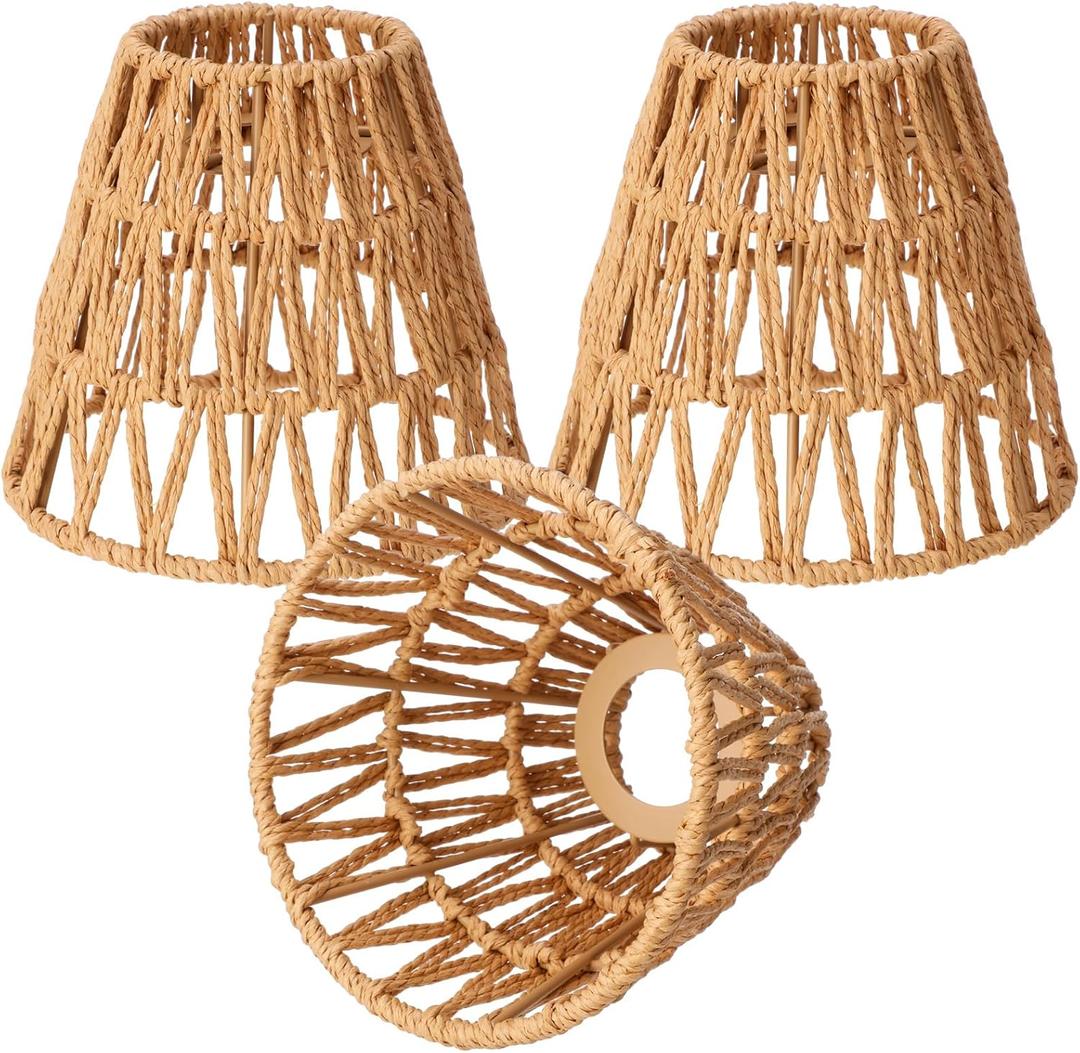 Tujoe Small Rattan Bell Lamp Shade Boho Handwoven Barrel Rattan Chandelier Shades Replacement for Table Floor Lamp Pendant Light Fixtures, 5.5" H x 5.9" D, 2.76" Fitter(3 Pcs,Boho,Normal)