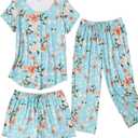 Ekouaer 3 PCS Capri Pajamas for Women Set Short Sleeve Pajama Sets Floral Pj Sets Soft Sleepwear with Pockets (X-Large, Green Flowers)