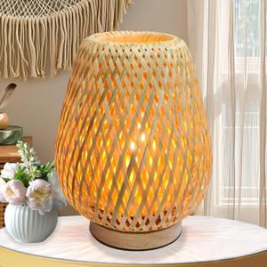 Rattan Table Lamp, Vintage Wicker Wooden Nightstand Lamp with Dimmable & Timer Function, Boho Bamboo Woven Desk Lamps for Bedroom Living Room Kids Room, 2700K T45 LED Bulb Included