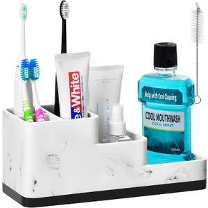 VITVITI Toothbrush Holder for Bathroom, Bathroom Organizer Countertop, 5 Compartment Bathroom Accessories Storage for Toothpaste/Vanity Counter, White Resin of Marble Color
