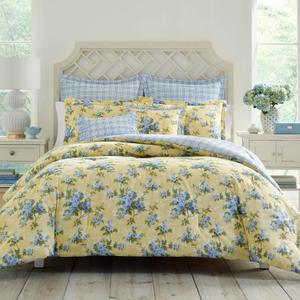 Laura Ashley - King Duvet Cover Set, Reversible Cotton Bedding with Matching Shams, Includes Bonus Euro Shams & Throw Pillow Covers (Cassidy Yellow, King) (Soft Yellow/Green/Blue)