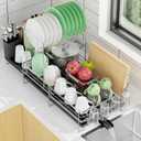 Large 2 Tier Dish Drying Rack, Extendable Dish Rack, Stainless Steel Anti-Rust Dish Rack for Kitchen Counter, Multifunctional Dish Drainer with Utensil & Cup Holder, 13.4"-28.7" L x 11.8" W