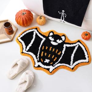 TRUEDAYS Halloween Bathroom Rugs with Black Bat and Orange Wings, Cute Funny Bath Mat Cartoon Non Slip Kitchen Mats Soft Washable Rug Spooky Indoor Home Decor (20x31inches)