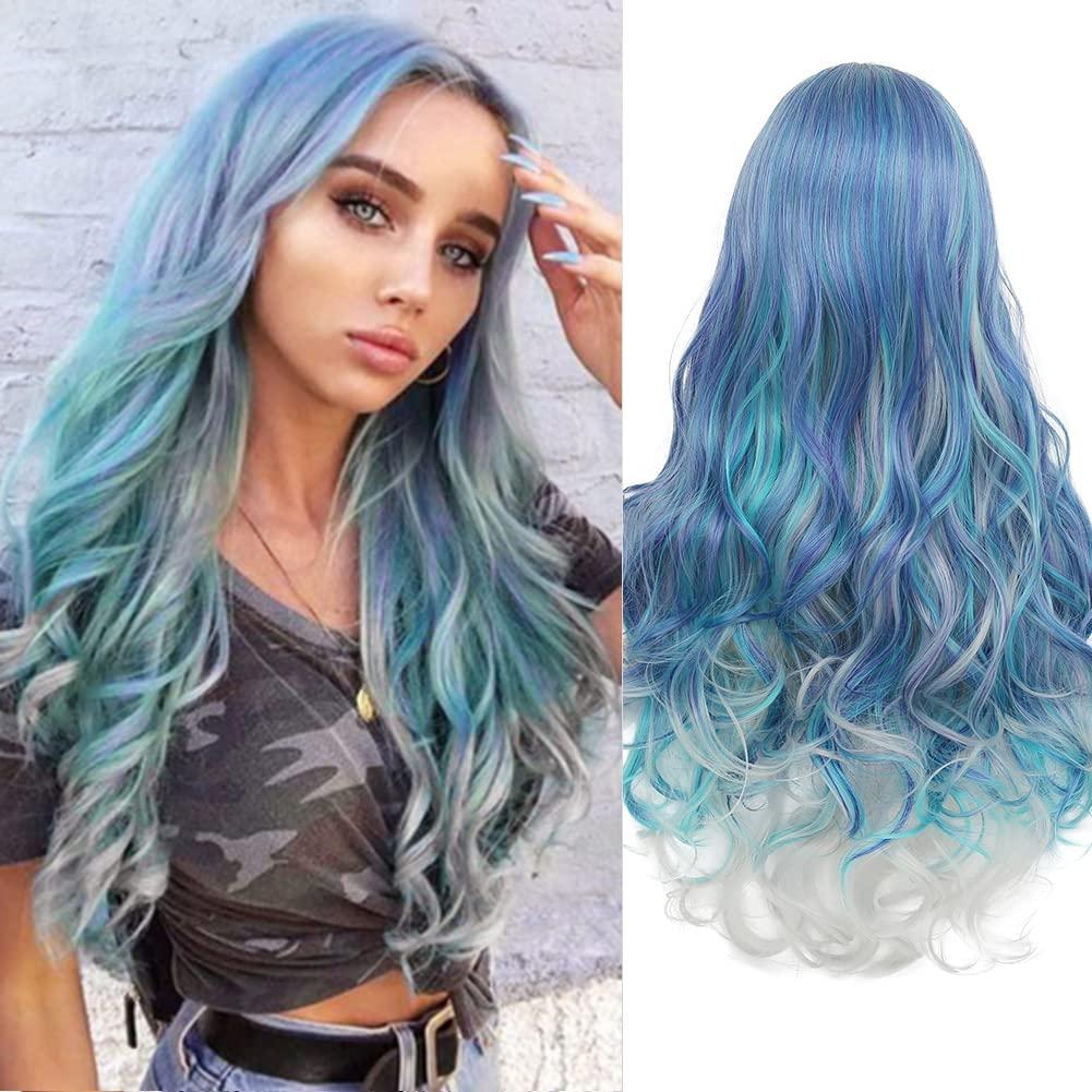 Mermaid Wig Ombre Blue Mixed Lilac Grey Wigs for Women Long Curly Wavy Middle Part Hair Colorful Wigs for Halloween Synthetic Wig(Blue and Grey)