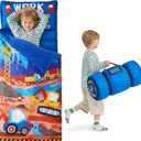 JOIEDOMI Toddler Sleeping Bag for Kids 55''x30'' Nap Mat with Removable Pillow and Minky Blanket for Toddler Ages 3-7 Roll Up Soft Kids Sleeping Bag for Boys Girls Kindergarten Daycare Sleepover (Light Blue Construction)