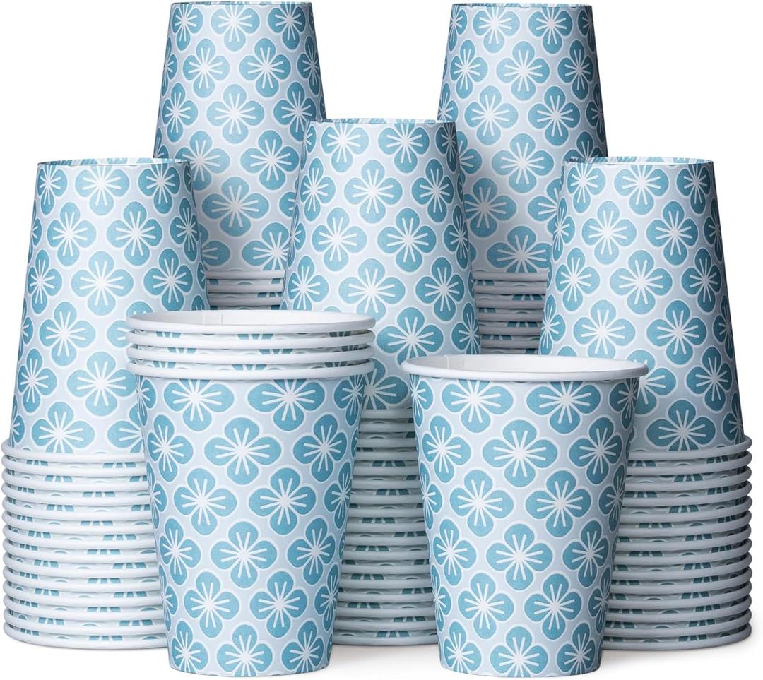 MATICAN Disposable Coffee Cups, 100-Pack 12-oz Bulk Paper Cups for Hot or Cold Drinks, Plum Blossom Harmony Cups for Office, Parties, and To-Go Use (No Lids)