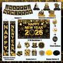 New Years Decorations 2026,Happy New Years Eve Party Supplies Gold and Black Nye Party Decorations With Backdrop Door Banner Hanging Swirls Honeycomb Balloon