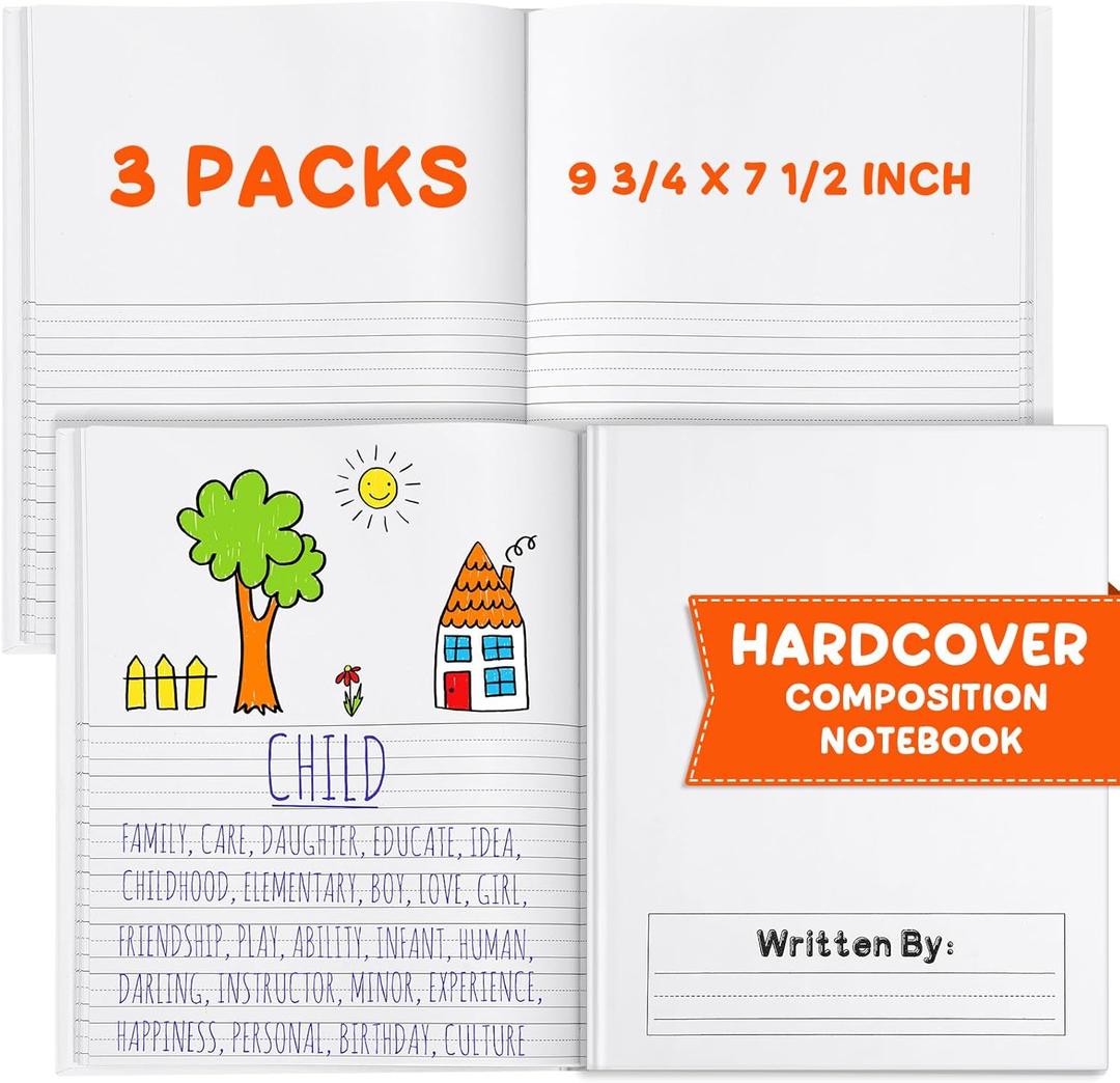 Henoyso 3 Pcs 120 Pages Hardcover Primary Composition Notebook K-2 Draw and Write Primary Journal for Kindergarten 1st 2nd Grade Kids to Write Story Handwriting Practice, 9 3/4 x 7 1/2 Inch