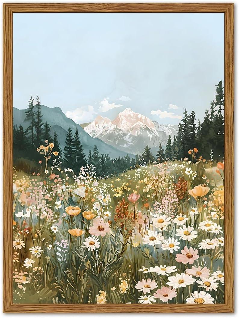 Framed Boho Landscape Wall Art, Colorful Floral Mountain Pictures Wall Decor, Vintage Wildflower Nature Paintings Canvas Prints Rustic Home Decor for Living Room Bedroom Office 12x16 inch