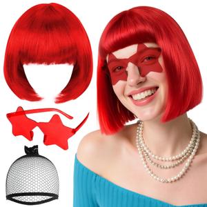 BESTBEL+Glasses+Hair Cap Red Bob Wig with Star-Shape Sunglasses Short Red Party Wig for Women Synthetic Anime Hair for Halloween Cosplay Womens Cosplay Outfit for Costume Party
