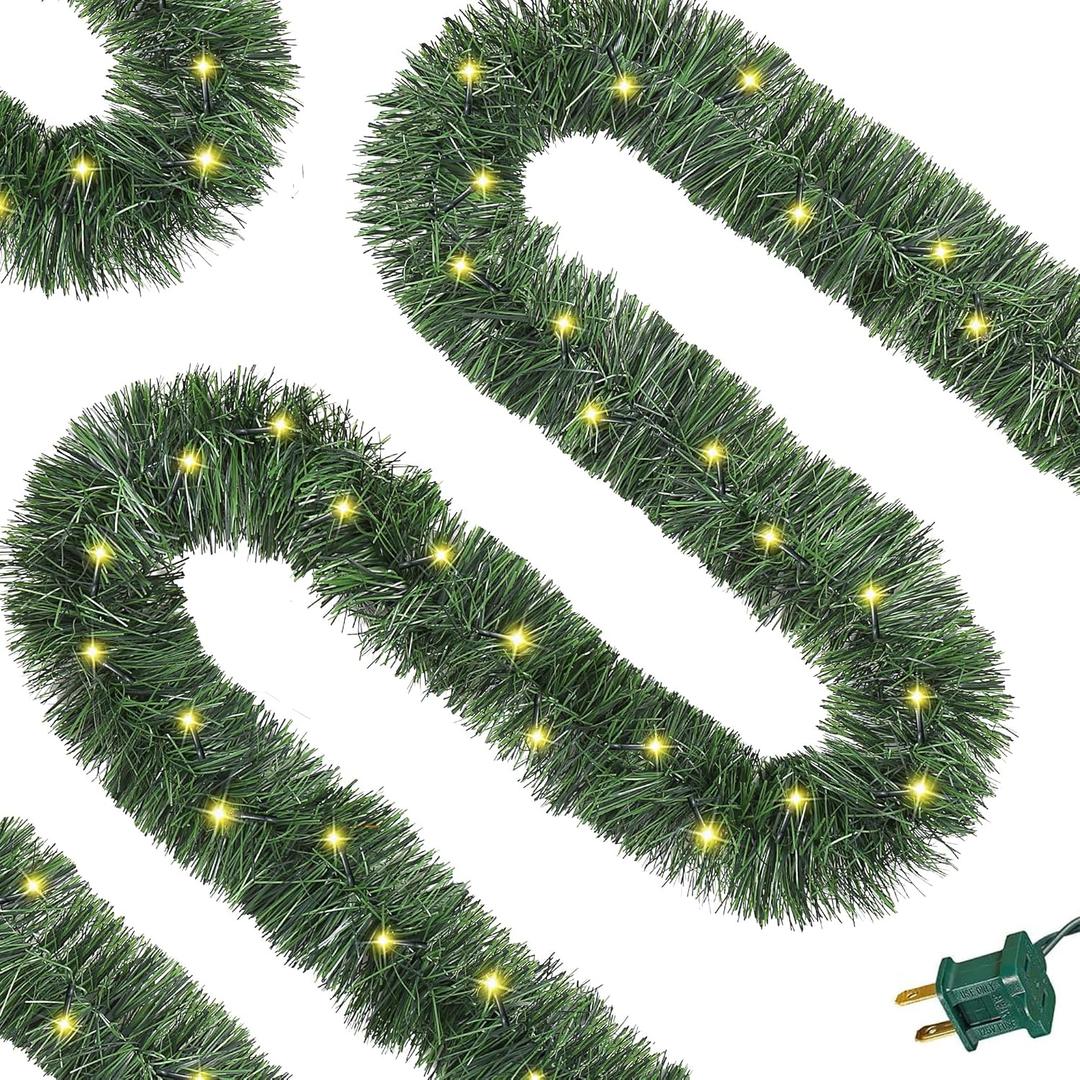 Christmas Green Garland Xmas Tree Decorations Pre-lit Christmas Twist Garland Ceiling Hanging Decorations for New Year Party Birthday Holiday Indoor Outdoor Supplies (Warm White, 49.2Ft)