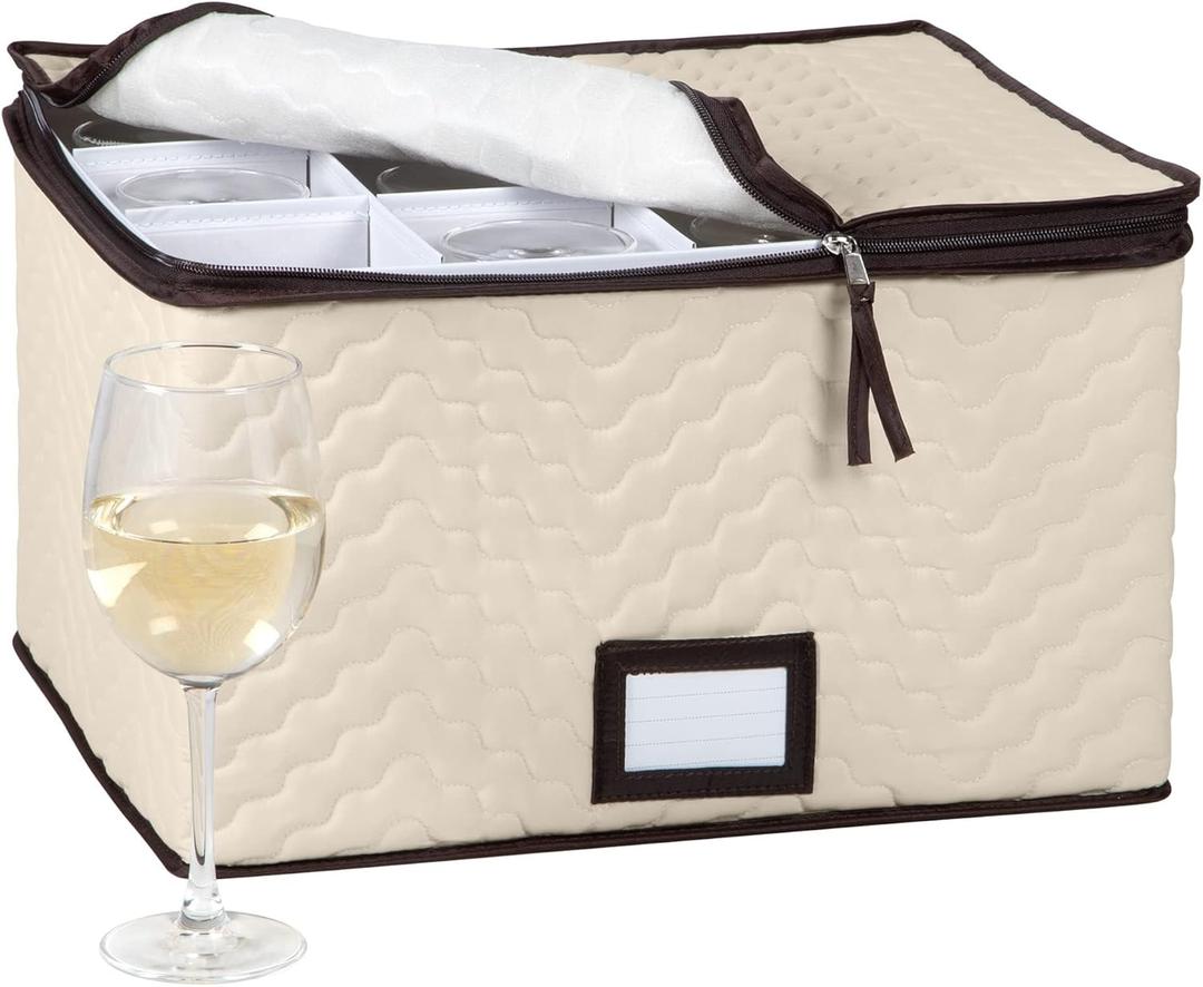 Wine Glass Storage Box with Dividers - Holds 12 Glasses up to 3.75" Wide - Stemware Storage Case - Protects Fine China - Durable Quilted Microfiber Bin with Carry Handles - Ideal for White Wine (Beige)