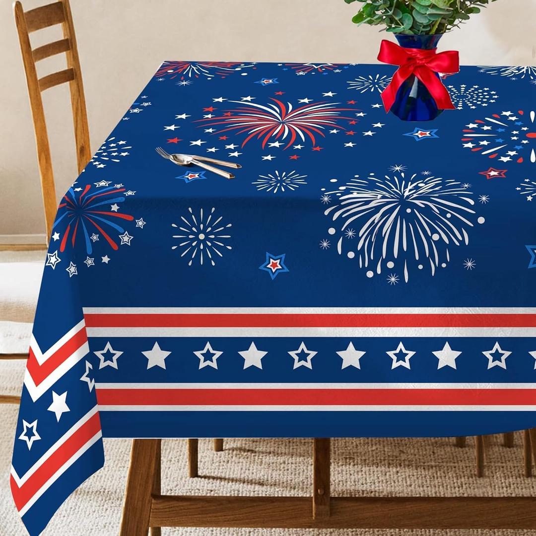 Hexagram 4th of July Tablecloth, Patriotic Tablecloth Rectangle 60x104 inch, Red and Blue Stars Indoor or Outdoor American Flag Independence Day Kitchen Table Decorations for Dinner