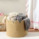 LemonRoad Brown Round Basket Large Blanket Basket 15.8"L x 15.8"W X13.8"H Scalloped Woven Baskets Cotton Storage Baskets for Nursery Classroom Closet Blankets Storage Home Decor