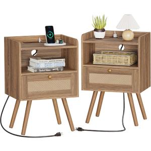 SUPERJARE Nightstands Set of 2, Night Stands with Charging Station & PE Rattan Decor Drawer, Bed Side Tables with Solid Wood Feet, End Table, for Bedroom, Living Room, Walnut