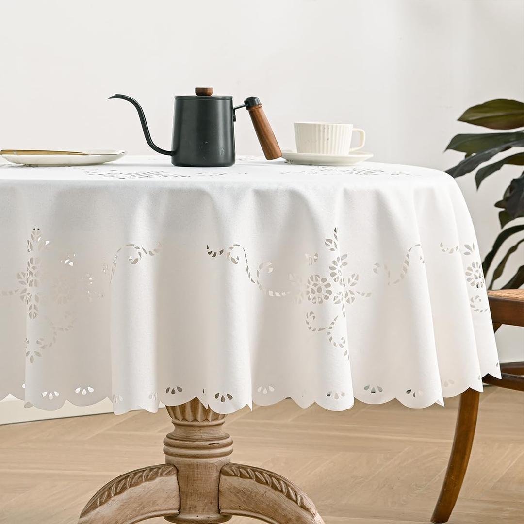 Wracra Macrame Waterproof Table Cloth, Farmhouse Linen Style Round Table Cover, Wrinkle Resistant Washable Indoor Outdoor Table Cloth (White, Round 48")