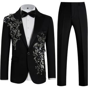 Mens Suits Slim Fit 2 Piece Formal Tuxedo Suits Blazer Pants with Bow Tie for Wedding Prom (Black, M)