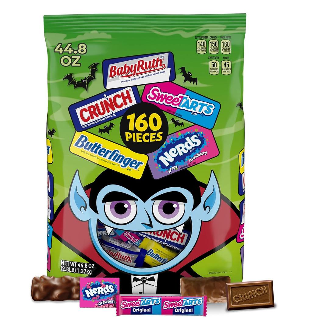 4 x Butterfinger, CRUNCH Baby Ruth, Nerds, SweetTarts, Minis, Fun Size Assorted Candy, Bulk 160 Count Variety Pack, 44.8 oz (EXP 04/21/26)