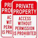 2 Pack Private Property Access Without Permission Prohibited Sign, 12" x 18" Aluminum Private Property Sign Access Without Permission Prohibited, Reflective, UV Protected, Weather Resistant