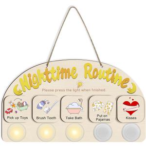 Bedtime Routine Chart for Toddlers, Visual Schedule Chore Chart Night to Do List with 5 Tap Lights & 8 Activity Cards Planning, Wooden Schedule Board for Kids, Preschoolers, Autism, ADHD Tools (Yellow)