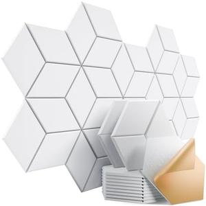 Dailycooper 12 Pack Self-adhesive Acoustic Panels 12" X 10" X 0.4" - Sound Proof Foam Panels with High Density, Stylish Y-Lined Design, Flame Resistant, Absorb Noise and Eliminate Echoes(White)
