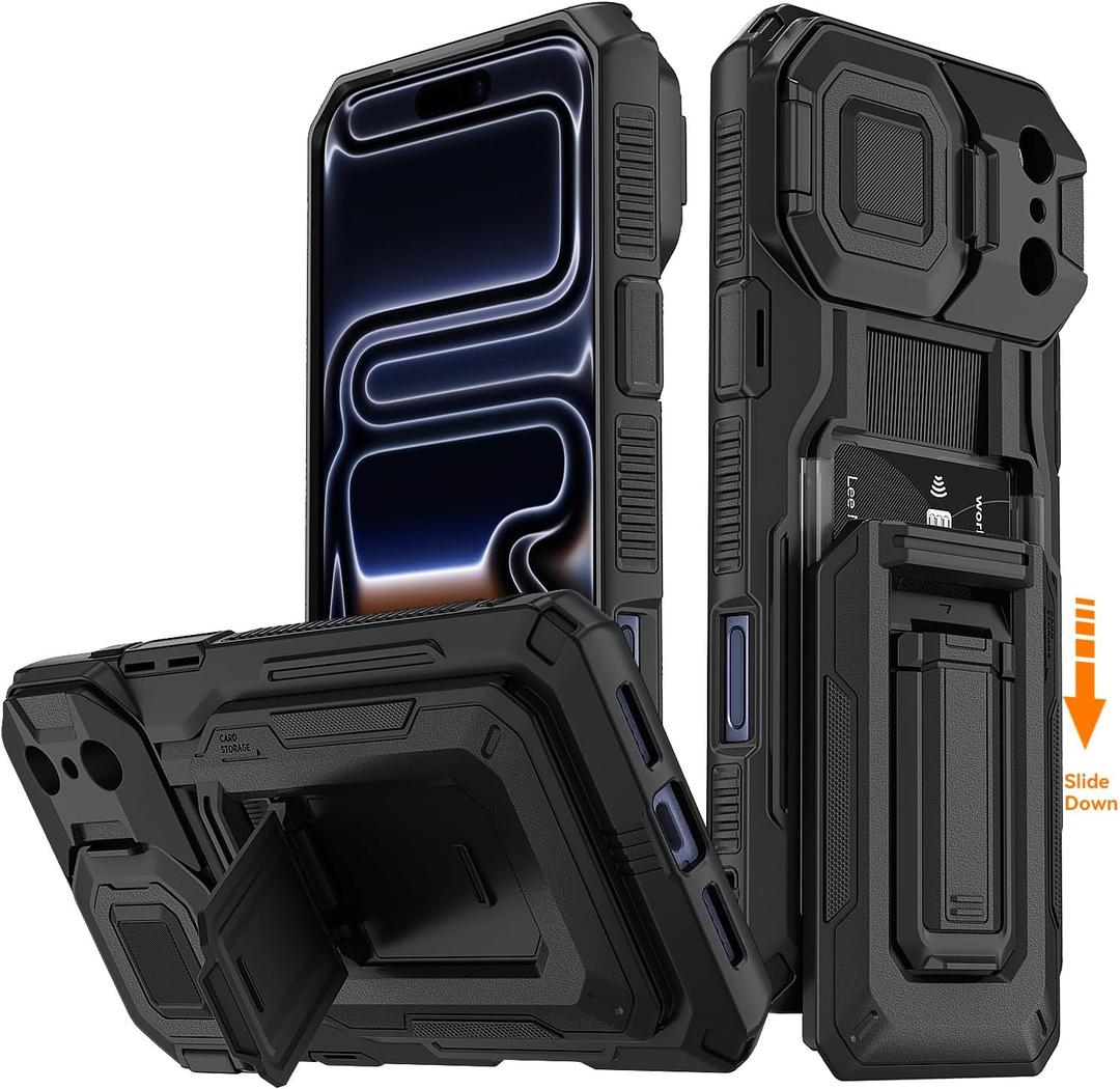 for iPhone 17 Pro Max Case with Semi-Automatic Card Slot (3-4 Cards) RFID Blocking & Kickstand & Camera Lens Cover & Wallet, Heavy Duty Rugged Phone Case (Black, for iPhone 17 Pro Max, 6.9")