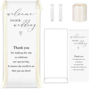Lumina Wedding Welcome Sign Stand With Linen Sign with Satin Ribbon Adjustable Easel Stand Bridal Shower Welcome Decoration for Garden Ceremony Lawn Outdoor Indoor(Beige)