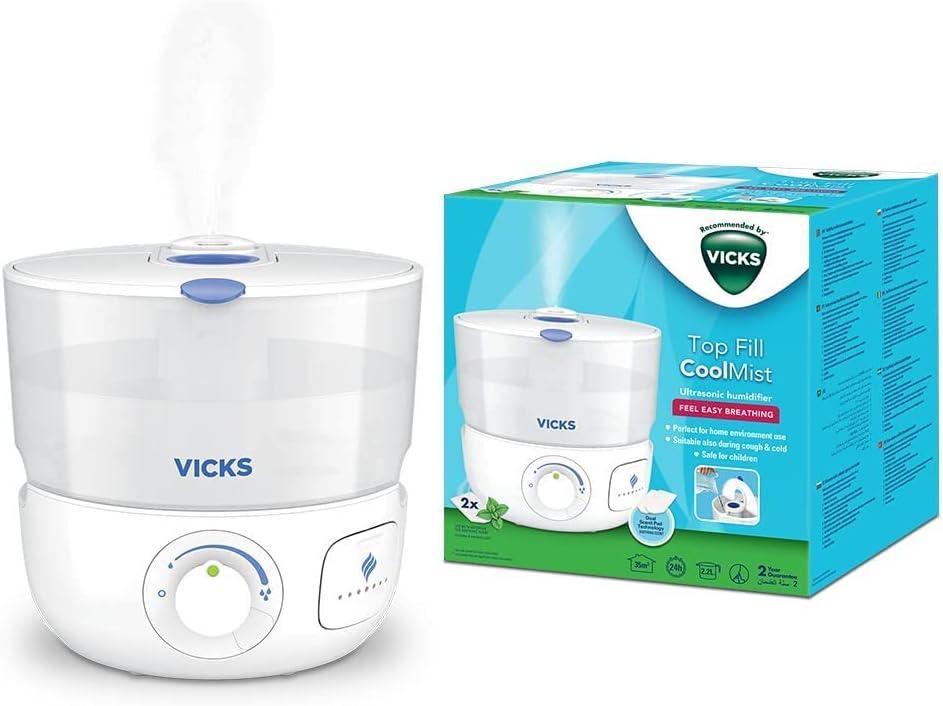 Vicks Top Fill Cool Mist Ultrasonic Humidifier
Home Use in Living Rooms, Bedrooms, Baby Nursery - Up to 24h for 35m2 - Quiet - Essential Oil - VapoPads Included - VUL585E