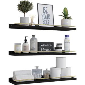 WOPITUES Floating Shelves 24 inch with Gold Metal Guardrail, Shelves for Wall Decor Set of 3, Wall Shelves for Bedroom, Bathroom, Kitchen, Living Room, Plants, Picture Frames, Art- Black and Gold, 23.6 inch