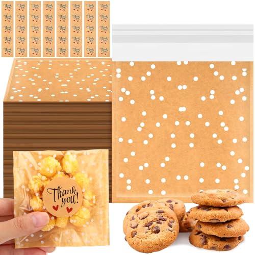 Fuyoooo 200 Pcs Self Adhesive Cookie Bags Cellophane Polka Dot Treat Bags Small Plastic with Thank You Stickers for Party Gift Giving Bakery Biscuit Candy Pastry (5.6 x 5.6 Inch)