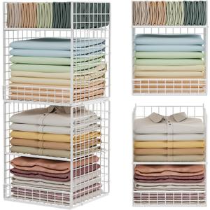 Closet Organizers and Storage - Stackable, Space Saving, Foldable Iron Mesh Bins with Adjustable Plate for Home Closet Organizer System, White