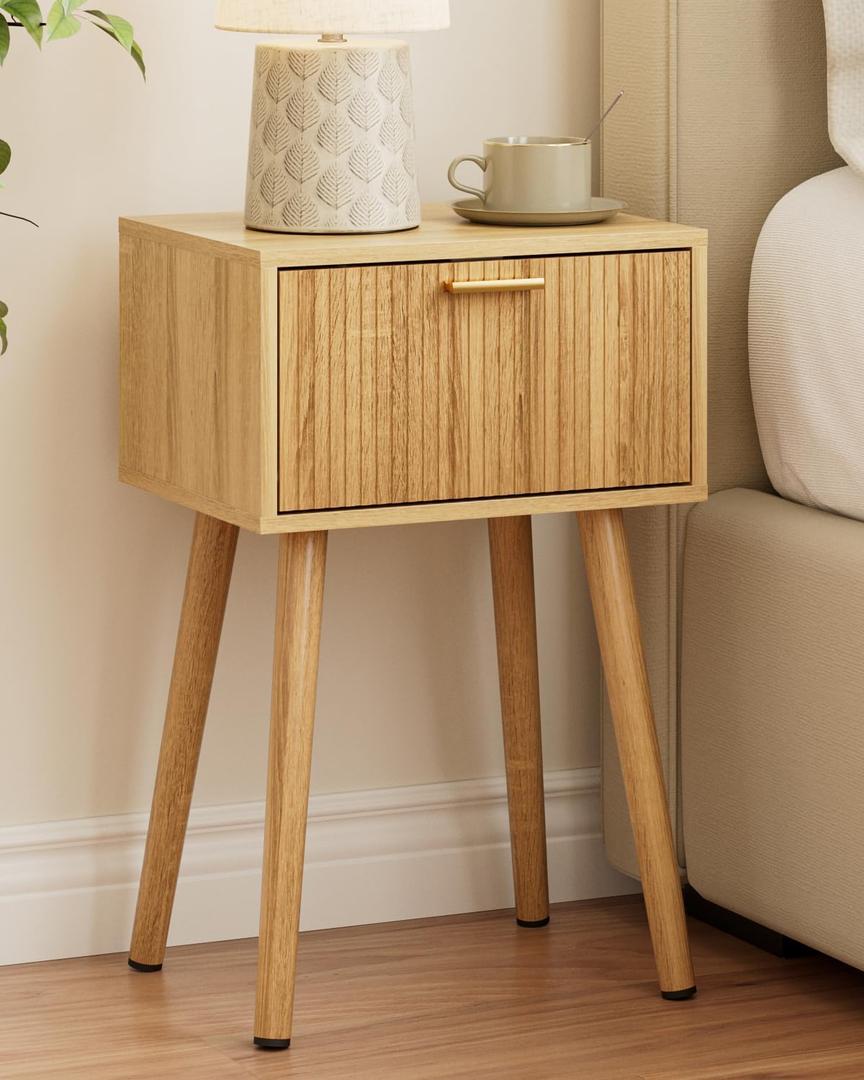 Night Stand, Oak Nightstand with Fluted Door, Small Modern Mid-Century Bedside Table for Bedroom, End Table for Living Room