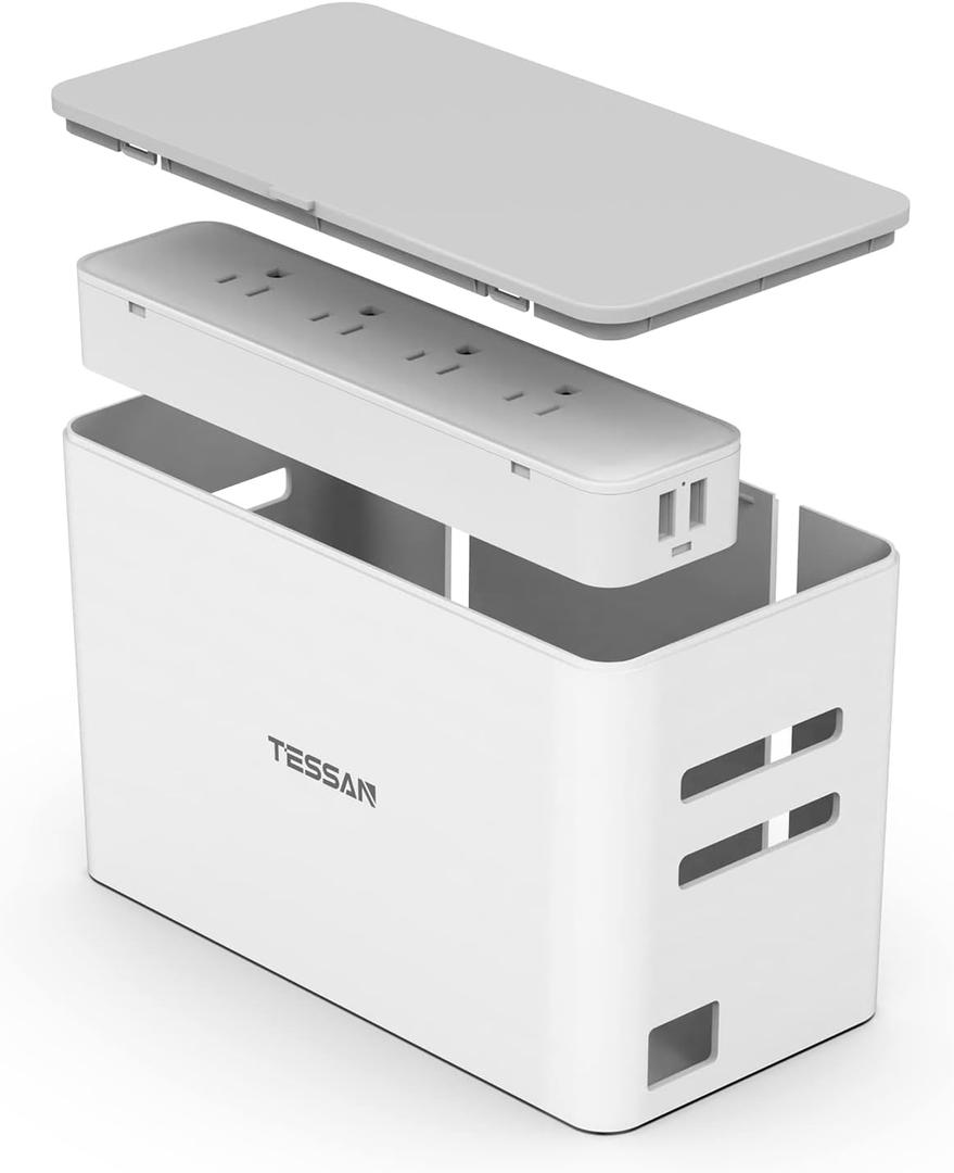 TESSAN Power Strip with Cable Management Box, 5 ft Flat Plug Extension Cord, 4 Outlets 2 USB Ports with Overload Switch, Mountable White Power Cord Organizer Charging Station for Dorm, Office, Home