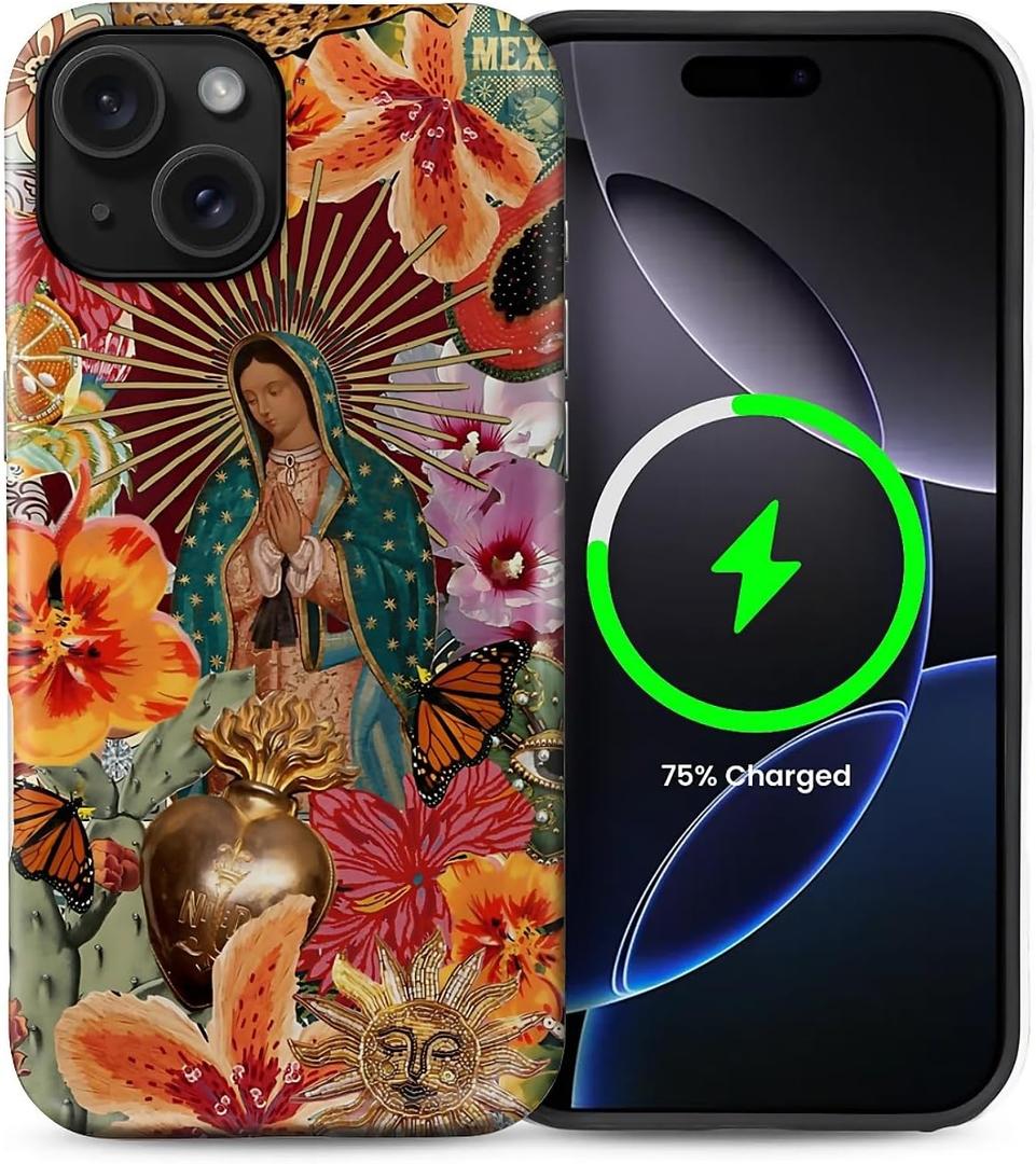 Case for iPhone 15 Plus [Compatible with MagSafe], Matte Soft Silicone + Hard PC Anti-Scratch Shockproof Protective 2-in-1 Case for Women Men - Virgin Mary Flower Collage