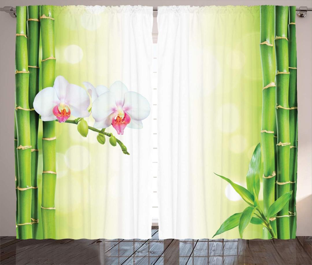 Ambesonne Spa Themed Curtains, Orchid Flowers with Branches Calm Concept Arrangement Pattern on Blurry Back, Living Room Bedroom Window Drapes 2 Panel Set, 108" X 90", White Green (108"W x 90"L (Pack of 2))