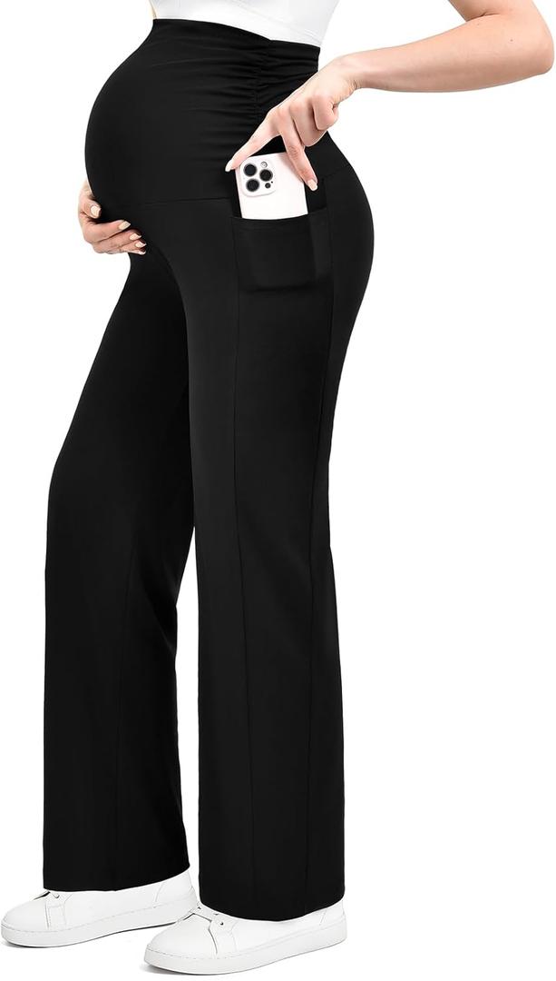 Ipletix Maternity Wide-Leg Lounge Pants with Pockets Over The Belly Soft Stretchy Pregnancy Wear (Black, XL)