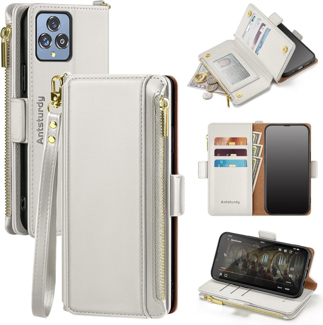 Antsturdy Compatible with T-Mobile Revvl 6 5G case Wallet with Card Holder for Women Men Phone case RFID Blocking PU Leather Flip Shockproof Cover with Strap Zipper Credit Card Slots,Beige