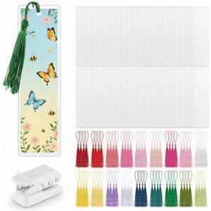 Fuyoooo 101 Pcs DIY Bookmark Making Kit Bookmark Laminating Pouches 5 Mil Hot Laminator Sleeves with Rainbow Tassels and Puncher Fit Most Pouch Laminating Machines Easter Gift(2.36 x 7.87 Inch)