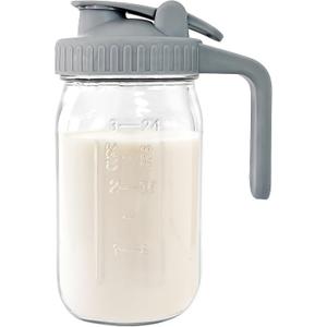 Breast Milk Pitcher Jug - 32 oz Glass Mason Jar Airtight Pitcher with Pour Spout Handle for Breastmilk, Iced Tea, Ice Drinks Storage Container (Gray)
