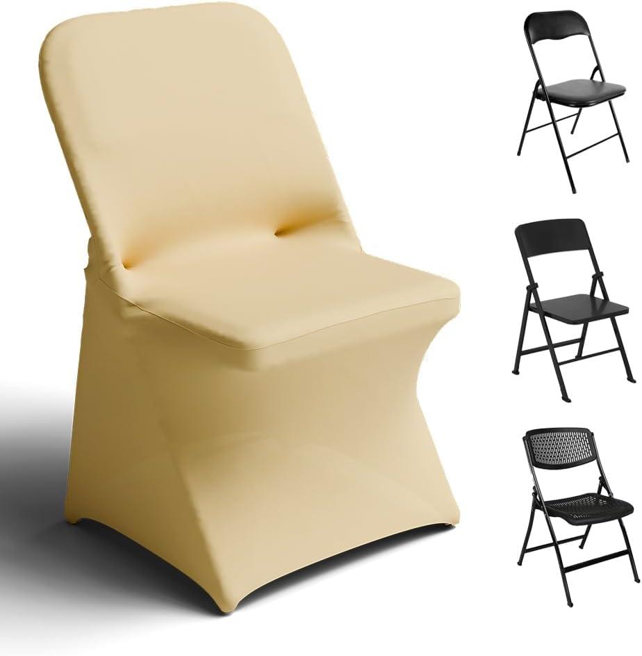 Trlyc Spandex Folding Chair Covers 100 Pcs Universal Fitted Stretchy Dining Chair Slipcovers for Wedding Party Banquet Flat-Front Chair Cover (Gold)