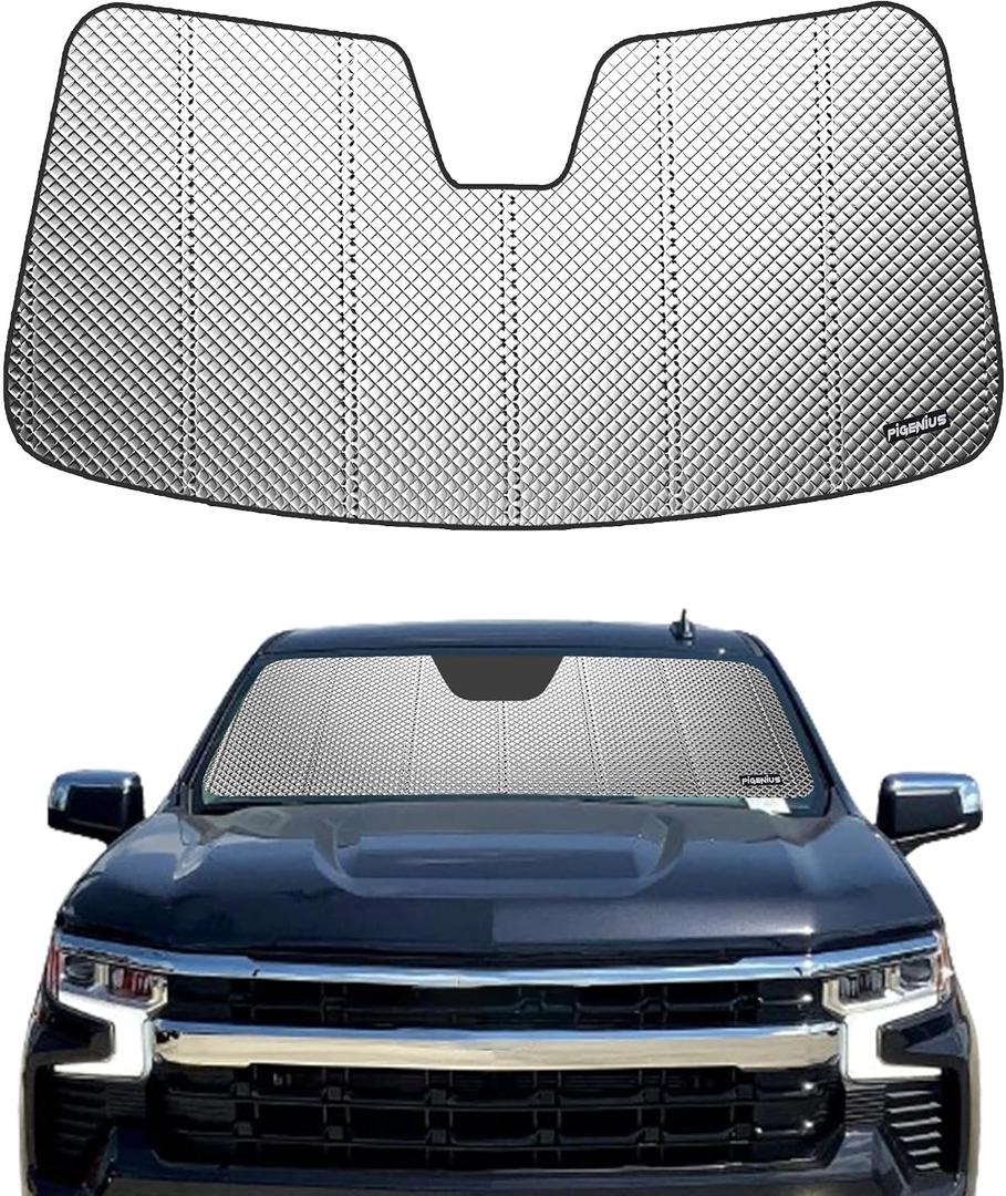 Pigenius Windshield Sun Shade for 2022-2026 Chevy Silverado/GMC Sierra 1500 (Refresh with 13.4" Screen), 24-26 2500HD 3500HD, Reflective Aluminum Film Front Window Sunshade - BLAZBLOCK