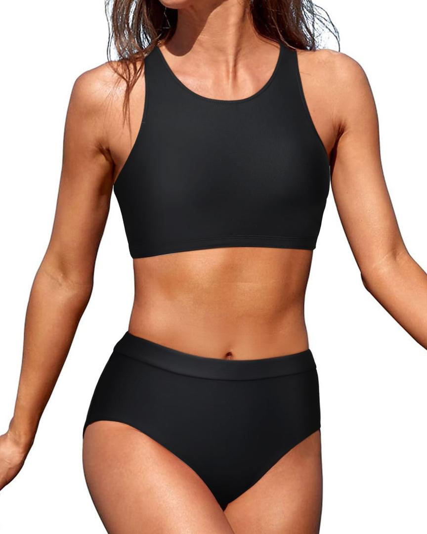 Tempt Me Women High Waisted Bikini Two Piece Swimsuits High Neck Crop Top Racerback Sporty Bathing Suits for Teen Girls (Large, Black)