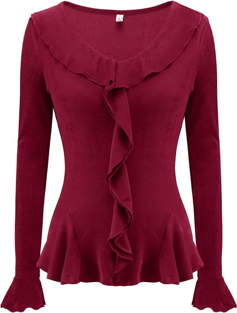 Meetjen Women's Long Sleeve Tops Slim Fit Wrap V Neck Ruffle 2026 Spring Trendy Casual Going Out Shirt Tee Blouses (Medium, Burgundy)